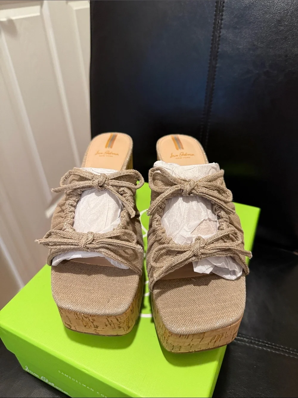 Sam Edelman Natural Beige Ruched Platform Mules with Cork Heel 8.5